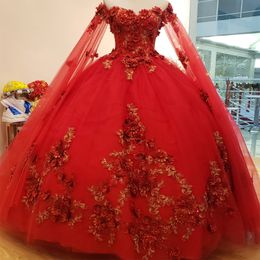 Red Quinceanera Dresses Beading Party Elegant Off the Shoulder Evening Prom Dress for Women Tulle Applique Lace With Cape Ball Gown
