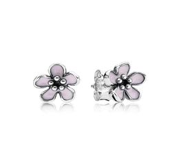 Cute Women's 925 Sterling Silver Pink Enamel Cherry blossoms Stud Earring Original box for Silver Jewelry Best Christmas Gift3972778