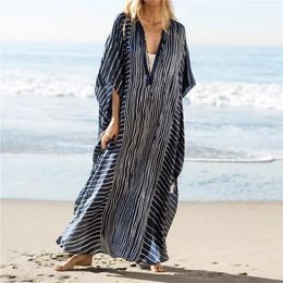 Dresses 2023 Dark Blue Striped Deep VNeck Bats Sleeve Loose Summer Dress Beach Kaftan Plus Size Women Beachwear Maxi Dress Sarong N844