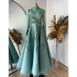 Party Dresses Islamic Muslim Evening Long Sleeves A Line Mint Satin Formal Event Wear High Neck Floor Length Arabic Dubai Prom Gown