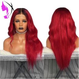 Wigs Fashion two tone Simulation Human Hair Wig body Wave Wigs With middle part ombre red Colour synthetic lace front wig for black wome