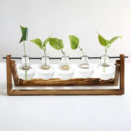 Vases Transparent Glass Flower Vase With Wooden Frame 5 Bottles Desktop Creative Hydroponic Plant For Home Decor