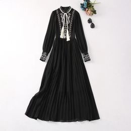 European and American women's clothes 2024 spring new Stand collar Long sleeve embroidery fringe fashion Pleated dress XXL