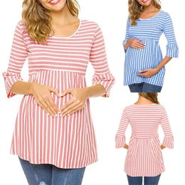 Maternity Clothes Pregnancy Pagoda Stripe Nursing Women Blouse Solid Colour ONeck 34 Sleeve Tops Pullover Tshirts 240102