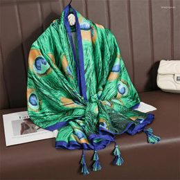 Scarves Luxury Peacock Silk Shawl Scarf Women Print Design Pashmina Neckerchief Wrap 2024 Muslim Head Turban Bandana Foulard Echarpe