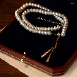 Pendant Necklaces ALLME Charming Freshwater Pearl Strand For Women Female 14K Real Gold Plated Brass CZ Zircon Long Tassel Chokers