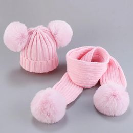 Caps Children Hat Scarf 2 Pc Set Cute Pompom Baby Cap Beanie Autumn Winter Warm Knitted Children Girls HatsKids Caps Bonnet 02 Years