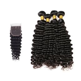 Wefts Brazilian Deep wave Hair Weaves 3 Bundles with Closure Free Middle 3 Part Double Weft Human Hair Extensions