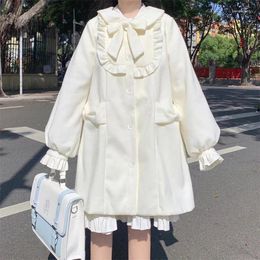 Women's Jackets Winter Woollen Coat Japanese Lolita Style Sweet Kawai Bow A-Line Loose Female Elegant Fall Korean Fashion Outwear