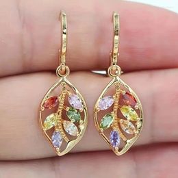 Dangle Earrings Women's Fashion Shiny Colourful Zircon Drop Multicolor Stone Leaf Rose Gold Colour Charming Earring Jewellery