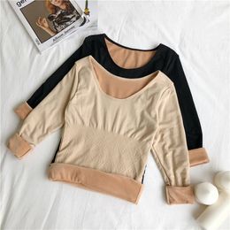 Woman Thermal Underwear Winter Fleece Warm Tops Long Sleeves O Neck Clothes German Velvet Shirt Heating Fibre Thermal Clothing 240103