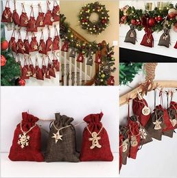 Supplies Christmas Linen Bags Pary Suppliers Drawstrings Candy Burlap Bag Treat Pouches with Wooden Board Ropes Favours for DIY Craft