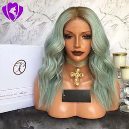 Wigs Hotselling mint green Colour short bob wig body wave Soft ombre lace front synthetic wig Heat Resistant Fibre Women wig
