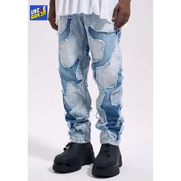 Patchwork tassel jeans for men hip hop streetwear pants for men y2k men's jeans distressed cargo jeans jeans luxury 240103