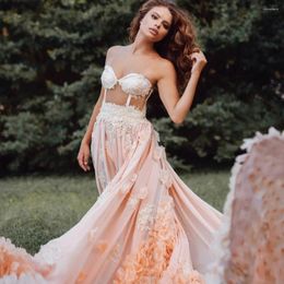 Casual Dresses Garden Bloom 3D Flower Bridal Peach Color See Thru Long Prom Gowns Sweetheart Strapless Lace Tulle Women Maxi