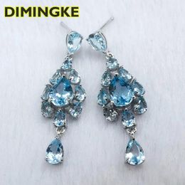 Stud DIMINGKE All Natural Water Drop Blue Topaz Earrings S925 Sterling Silver High Jewellery Women's Wedding Party Anniversary Gift