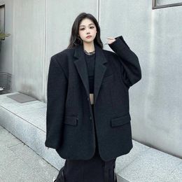 Women's Suits High-grade Silhouette Suit Coat Autumn And Winter Design All-match Loose Thickened Black Woollen Trendy Jacket