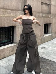 Work Dresses Fashion Sweet Cool Y2k Aesthetic Solid Tank Streetwear Grunge Pockets Cargo Wide Leg Trousers 2024 Summer Vintage Two Pieces