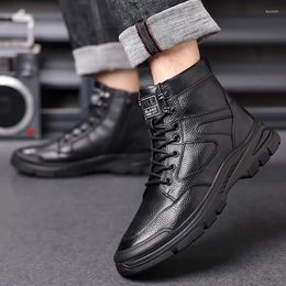 Boots Men's High Top Leather Casual Lace Up Fleece Cotton Shoes Comfortable Round Head Thick Bottom Footwear Botas Moto