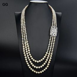 GuaiGuai Jewelry Natural Pearl 2832 3 Strands White CZ Connector Necklace For Women 240102