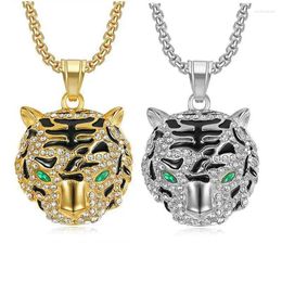 Chains ULJ HIPHOP Jewellery Stainless Steel Color-Preserving NO Rust Gold-plated Rhinestone Tiger Head Pendant Necklace