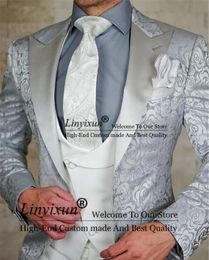 Jackets Grey Jacquard Men Suits Slim Fit 3 Piece Jacket Vest Pants Set Wedding Groom Tuxedos Formal Business Male Blazer Costume Homme