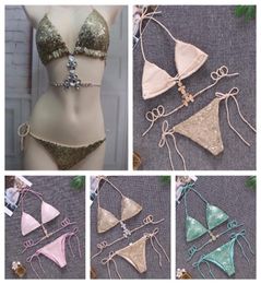 Women Sexy 2 pcs Bikini Underwear Ladies Swimwear Summer Beachwear One Set Bra Underpants Sequined Stone Swimming Clothes 3 Colors9622296