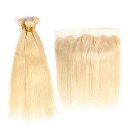 Wefts Straight 613 Blonde Colour Hair Bundles Remy Human Hair 3 Bundles With 13*4 Ear To Ear Lace Frontal Brazilian Human Hair 10A Grade