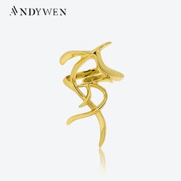 ANDYWEN 925 Sterling Silver Gold Long Leaves Resizable Ring Women Rock Punk Luxury Leafs Plain Wedding Jewelry Gift 240103