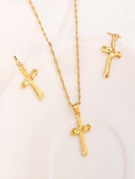 Earrings Necklace 18 K Yellow Fine Gold Filled Cross Pendantchain Set Small Mini Tax Stamp Christian Jewelry Sets Women Girl Jes8451680