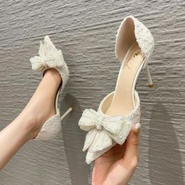 Dress Shoes Luxury Pearl Crystal Bowtie White Wedding Women 2024Autumn Brand Designer High Heels Pumps Woman Thin Heeled Party