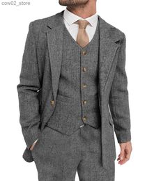 Men's Suits Blazers Mens Suit Grey 3 Piece Suit Hight Quality Wool Tweed Wedding Groomsmen Shawl Lapel Tuxedos Slim Fit Blazer+Pants+vest Q230103