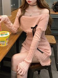 Winter Knit Kawaii Vintage Dress Women Bow Off Shoulder Elegant Sweater Mini Dress Female Korean Style Chic Dress 240103