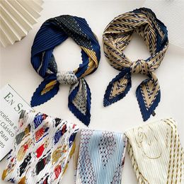 Scarves Women Silk Satin Neck Tie Hand Headscarves 70cm Square Striped Crinkle Scarf Female Pleated Bandana Shawl Office Lady Hair Band