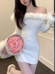 Sexy Bodycon Y2k Mini Dress Woman Off Shoulder Elegant Knitted Dress Faux Fur Dress Korean Fashion Winter Slim 240103