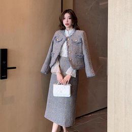 Work Dresses Women's Autumn Winter Temperament Retro Heavy Industry Shiny Silk Tassel Fragrant Coat Skirts Set /Suits