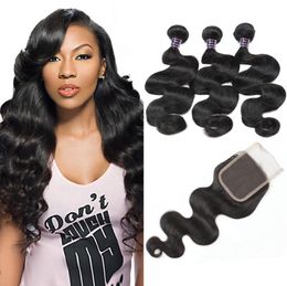 Ishow Peruvian Human Hair Weave 3 Bundles With Lace Closure Virgin Hair Extensions 10A Brazilian Body Wave Wefts for Women Girls N9461509