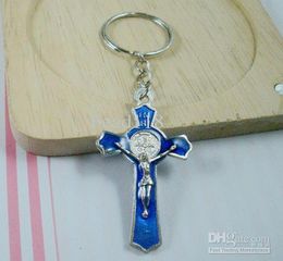 MIC 60Pcs Blue Colour enamel Alloy Jesus Christ Cross charm Chain key Ring DIY Jewelry3929529