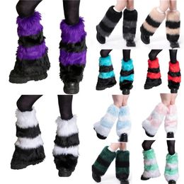 Pants Women Faux Fur Leg Warmer for Boot Ladies Thick Fluffy Contrast Colour Stripe Pattern Warmer Boot Cuff Stockings for Winter
