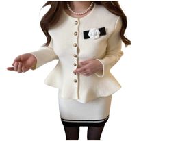 Women's flower pin patched o-neck long sleeve single breasted knitted peplum top sweater and skirt twinset 2 pc dress suit