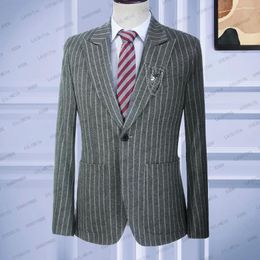 Men's Suits 2024 Handsome Grey Linen White Stripe Men Suit Business Summer Tuxedos Party Slim Fit Jacket Blazers Coat Casual Wedding