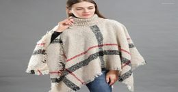 Scarves Autumn Women Luxury Wool Plaid Cardigan Turtleneck Cape Winter Warm Knitting Batwing Sleeveless Tartan Poncho Sweater2705910