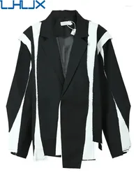 Women's Suits LJHLJX Women Black Irregular Color-block Big Size Blazer Lapel Long Sleeve Jacket Fashion Tide Spring 2024 AH6