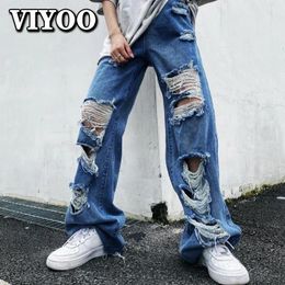 Dresses Women's Y2K Clothes Ripped Jeans High Street Waist Menswear Summer Mopping Harem Wide Punk Baggy Straight Denim Pants Jeans Men