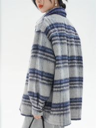 Women's Gray Blue Plaid Lapel Woolen Cotton Jacket Spring and Autumn Chic Female Single Breasted Long Sleeved Loose Coat 240111