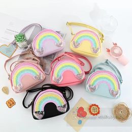 Girls sequins rainbow handbags kids transparent love heart single shoulder bag children PU leather messenger bags Z6446