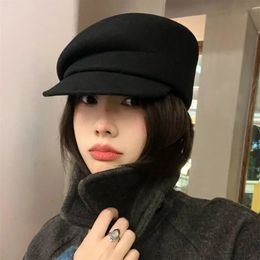 Japan Curved Eaves Wool Beret Women Autumn Winter Felt Fedora Black Painter Hat Female Warm Octagonal Hats Classics Walking Cap 240103