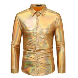 Men's Casual Shirts Metallic Glitter Shirt Men Disco Dance Halloween Party Costume Chemise Homme Stage Prom Shiny Male