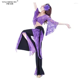 Stage Wear Belly Dance Costume Set Adult Female Lace Butterfly Sleeve Practise Clothes Top Pants