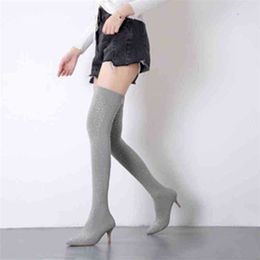 Boots Women Crystal Over the Knee Sock Boots Ladies Pointed Toe High Heel Woman Pump for Party Women's Thin Heel Female Plus Size Shoe 220913
